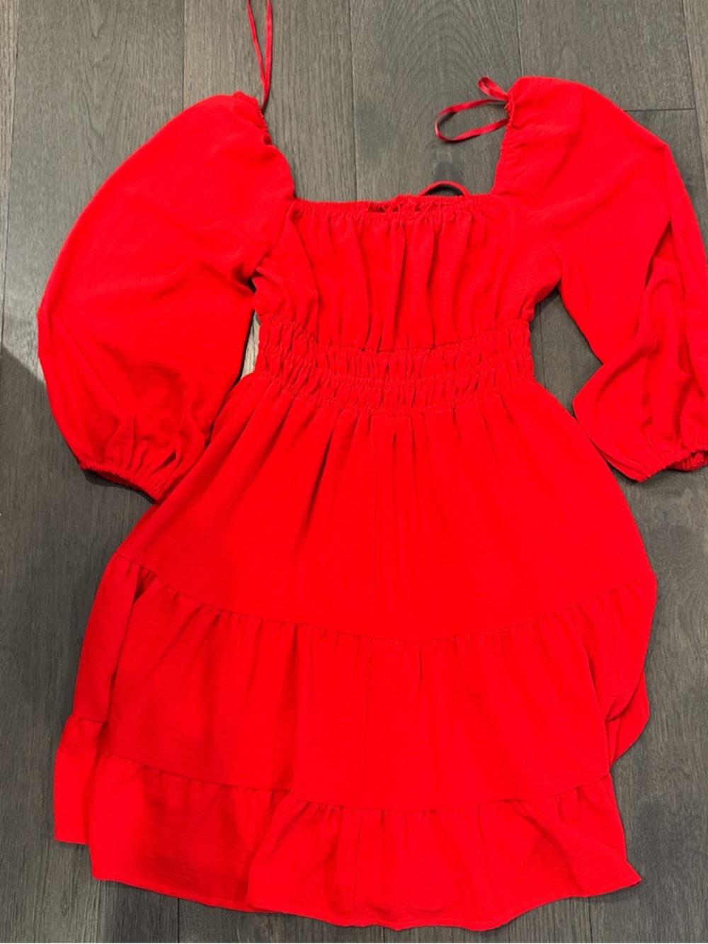 She + Sky Red Puff-Sleeve Tiered Smocked Casual Dress